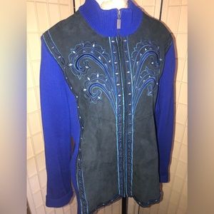 Bob Mackie, Leather Top, Embroidered Design. Acrylic Neck & Sleeves. Size XL